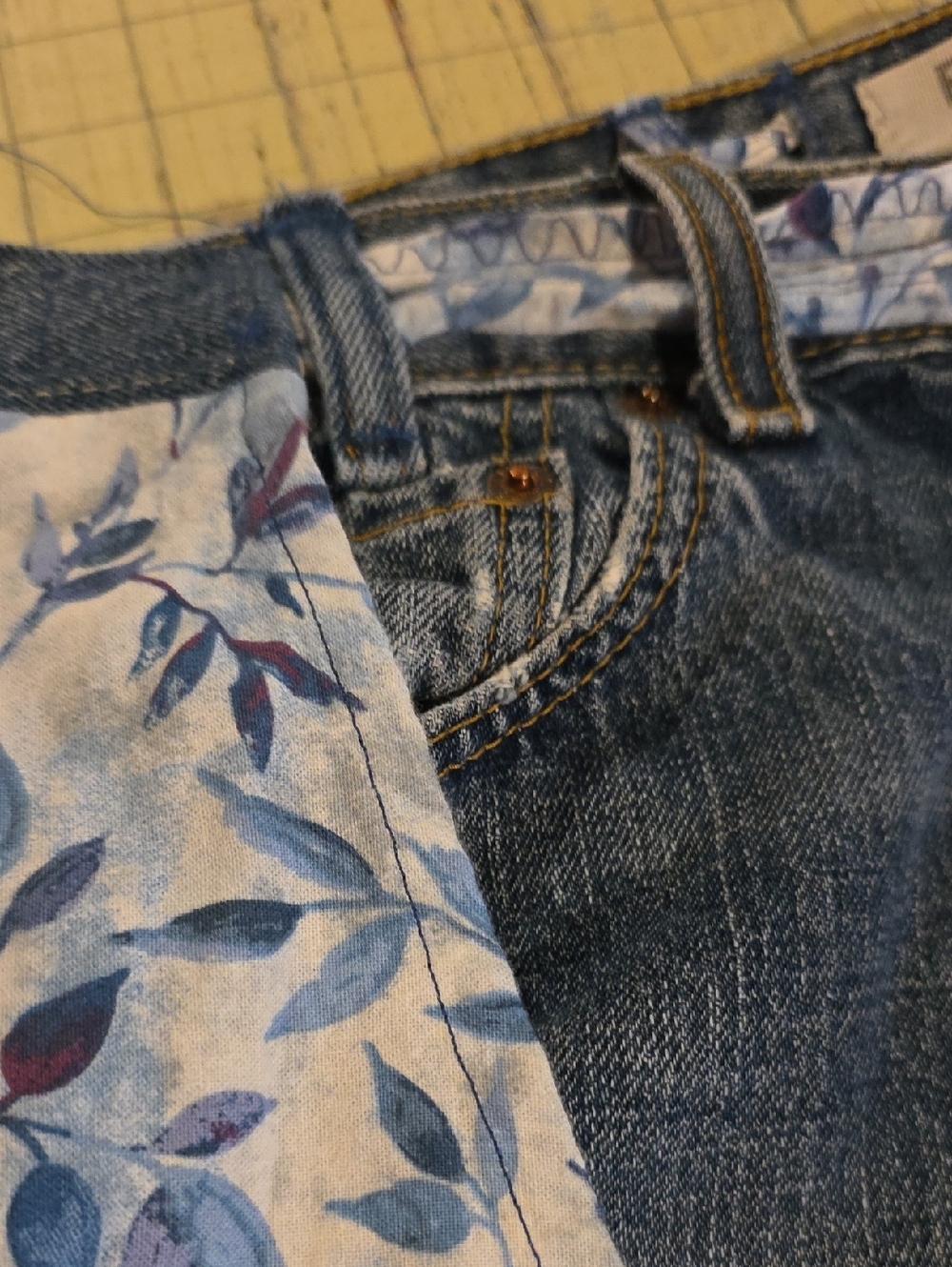 HAND CRAFTED Wrap Jeans UPCYCLED Blue Denim Tie Front Floral Flowers Size XL - Picture 14 of 16